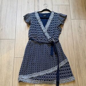 Express Navy and White eyelet/Lace-Trim Wrap Midi Dress